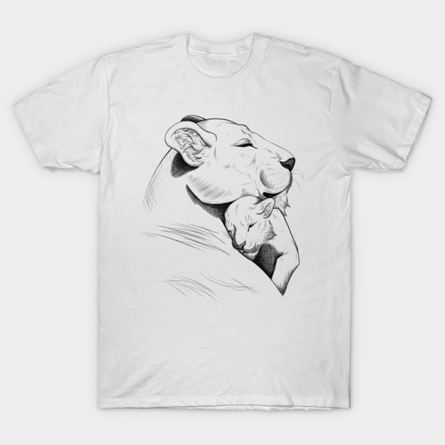 Lion Mother and Cub Sketch T-Shirt by Lady Lilac